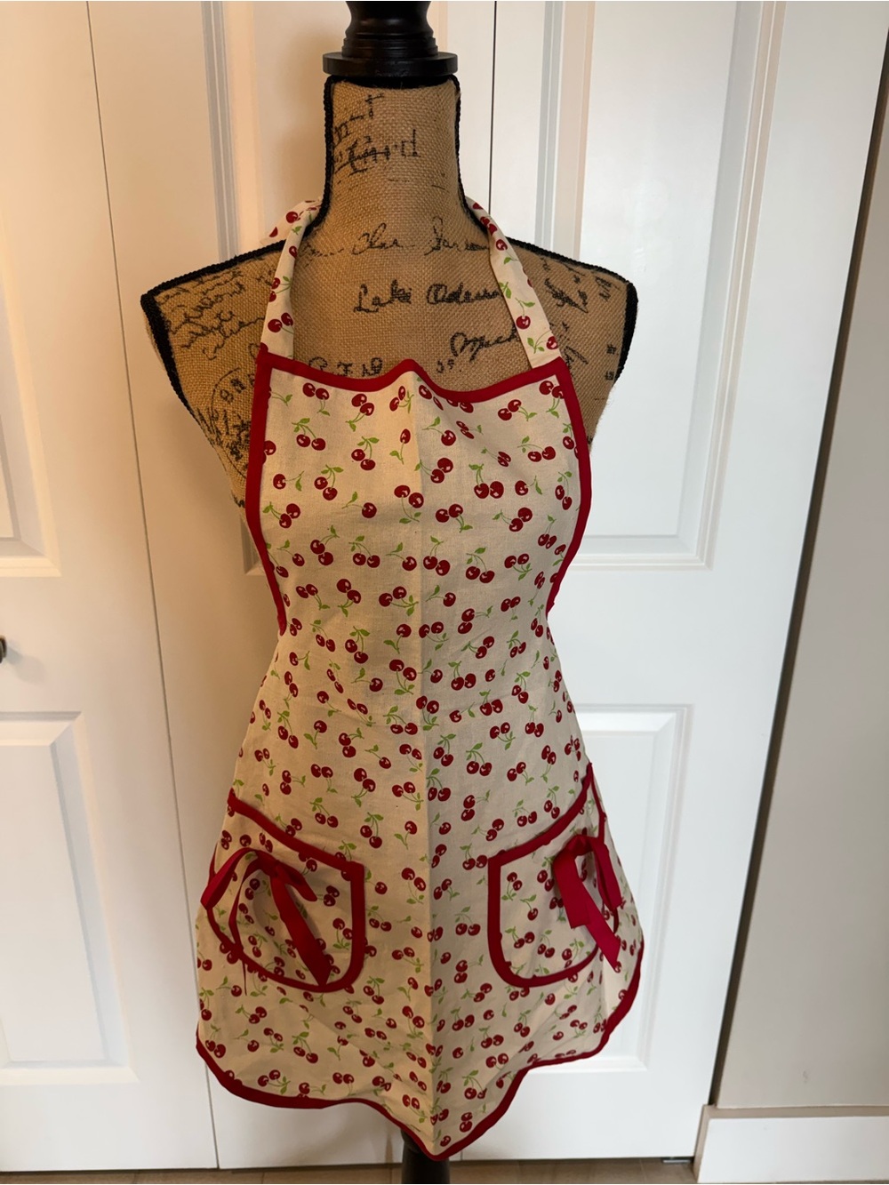 Classic Cherry Print Kitchen Apron with Red Trim